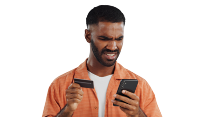 Frustrated man, phone and credit card with debt in financial crisis or loss on a transparent PNG background. Isolated, angry or upset male person on mobile smartphone for bad service or online review
