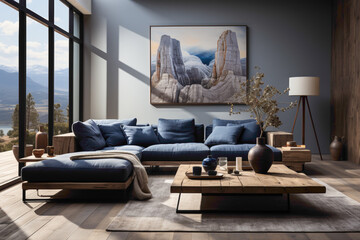 Elevate your lounge with the simplicity of dark blue and grey sofas surrounding a wooden table. Envision the clean lines of the room.