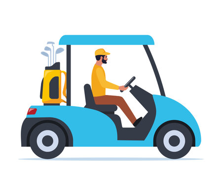 Electric golf car with golf club bag. Transport, vehicle for playing golf. Vector illustration.