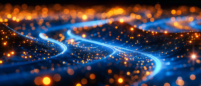 Cosmic dance, an abstract play of light and technology, illustrating the dynamic flow of digital energy
