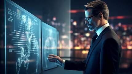 A male scientist developer looks at a large screen on which an android robot is being formed. Future world, human-robot collaboration in the futuristic cyber-digital world of the metaverse.