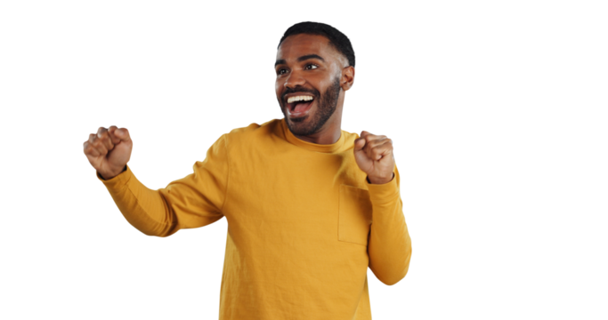 African man, fist and celebration dance with smile for success, cheers or isolated by transparent png background. Excited person, winner and happy for achievement, prize and giveaway in competition