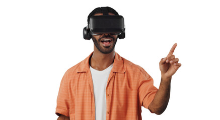 African man, virtual reality glasses and point with finger, click or isolated in futuristic ui by...