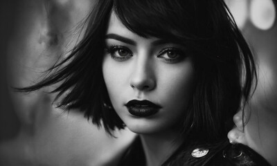 Beauty with black lips on the street who loves rock, black and white portrait