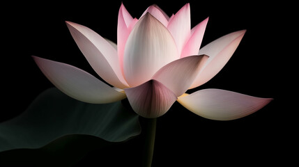 Lotus flower with delicate pink and white petals emerges against a dark background, illuminated softly to highlight its graceful beauty