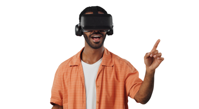 African man, virtual reality glasses and point with finger, click or isolated in futuristic ui by transparent png background. Person, AR goggles and smile for 3D user experience in metaverse with app