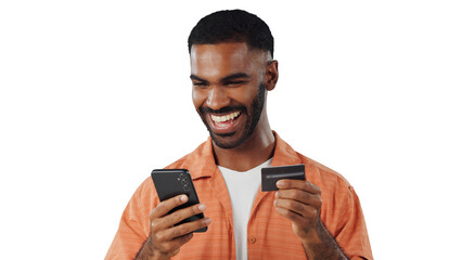 Happy man, phone and credit card with banking app for online shopping or payment on a transparent PNG background. Excited male person with smile on mobile smartphone for ecommerce or transaction - obrazy, fototapety, plakaty