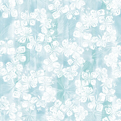 Seamless vector pattern with  flowers and leaves on blue watercolor background. Art floral background. Perfect for design templates, wallpaper, wrapping, fabric and textile, print.