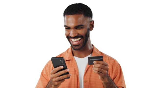Happy man, phone and credit card with banking app for online shopping or payment on a transparent PNG background. Excited male person with smile on mobile smartphone for ecommerce or transaction