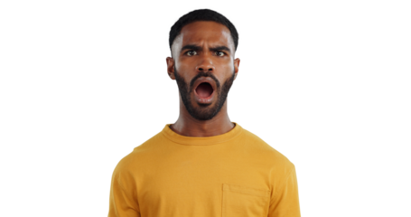 Shock, surprise and portrait of black man with gossip, news and information on transparent background. PNG, isolated and face of person with omg, wtf and emoji facial expression for announcement