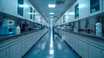 Long laboratory hallway with electric blue floors and white cabinets