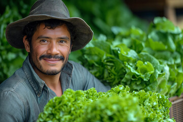 Naklejka na ściany i meble Happy male farm worker in hat offering fresh green lettuce.