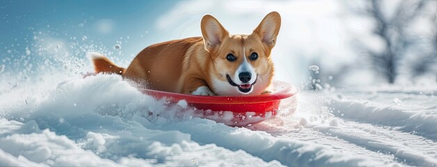 a cute corgi as it enjoys bobsledding with a cool face, its full body figure gliding down the snowy slope with a playful expression that radiates joy and excitement.
