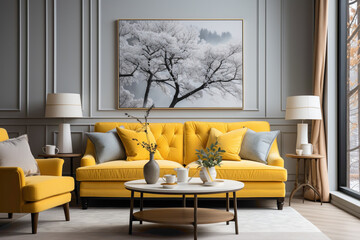 Immerse yourself in the calming atmosphere of a living space adorned with a soft color yellow sofa...