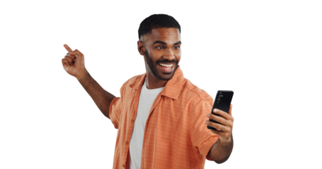 Isolated African man, phone and video call with smile, hello and point on vlog by transparent png background. Person, smartphone and happy for communication, live streaming or app for social network
