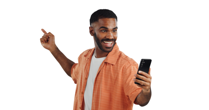 Isolated African man, phone and video call with smile, hello and point on vlog by transparent png background. Person, smartphone and happy for communication, live streaming or app for social network