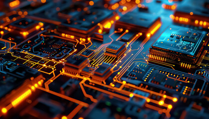 circuit electronic board with microchip, hardware and technology background concept, computer motherboard macro
