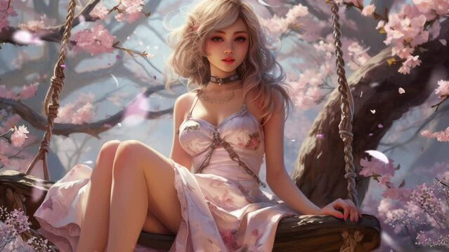 Close-up anime girl, sitting on a tree swing with beautiful spring scenery and soothing wind with cherry trees