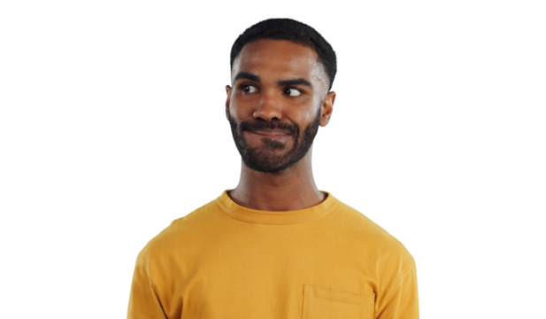 Thinking, anxiety and stress of black man isolated on a transparent, png background. Planning, fear and scared person with worry for mental health, idea and doubt from mistake or nervous from fail