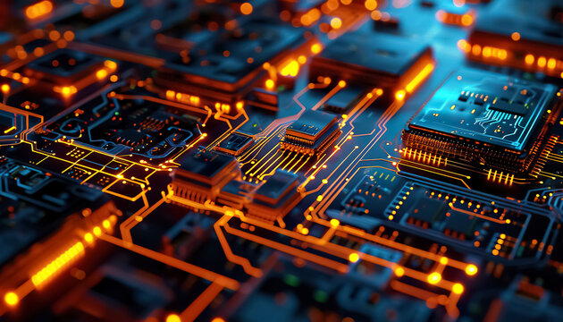 circuit electronic board with microchip, hardware and technology background concept, computer motherboard macro
