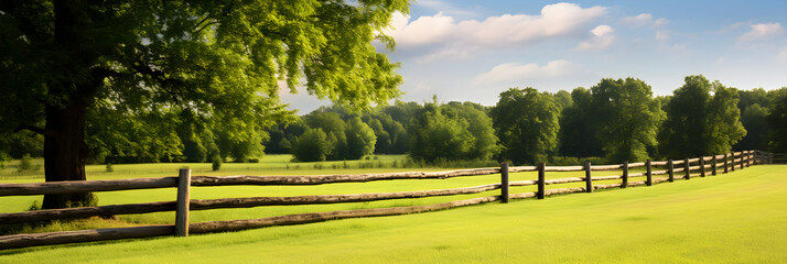 Rustic Wooden Fence along a Verdant Field under a Clear Sky - An Ode to Rural Life