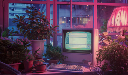 old retro personal computer with vintage CRT display, obsolete old-fashioned pc with keyboard and screen, in style of synthwave