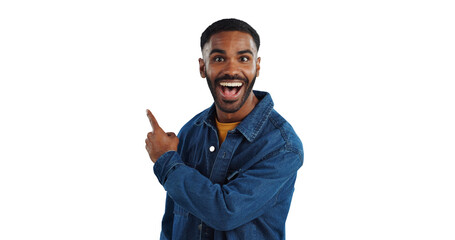 Happy man, portrait and pointing with surprise for advertising or marketing on a transparent PNG...