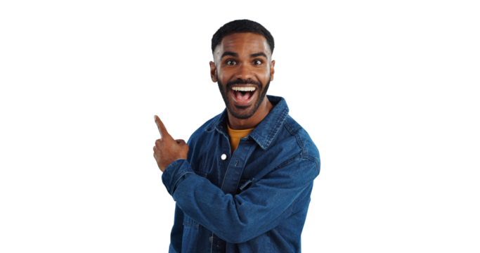 Happy man, portrait and pointing with surprise for advertising or marketing on a transparent PNG background. Excited, smile or young male person showing notification, deal or alert for amazing offer