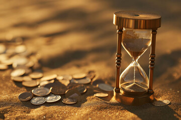 Money in an hourglass. Sandglass full of coins. Investment, savings concept. Retirement saving, investing time, financial concept. Value of money in time. Time is money, banking, time to pay, deadline - obrazy, fototapety, plakaty