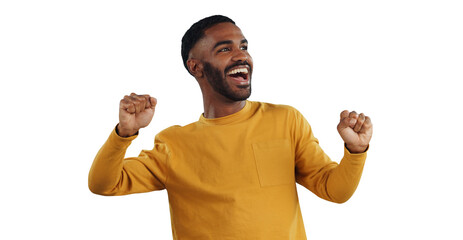 Isolated African man, fist and celebration with smile for success, cheers or goals by transparent...