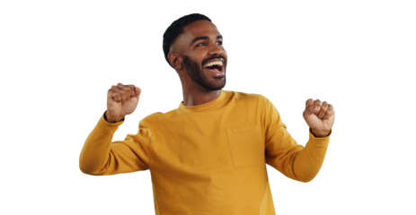 Isolated African man, fist and celebration with smile for success, cheers or goals by transparent png background. Excited person, winner and happy for achievement, prize and giveaway in competition