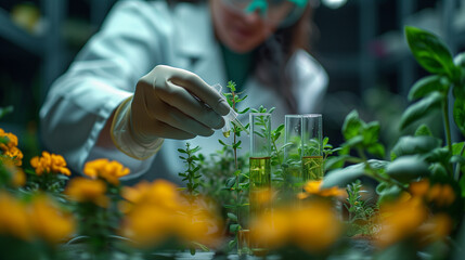 a scientist is looking at plants in a beaker in a laboratory