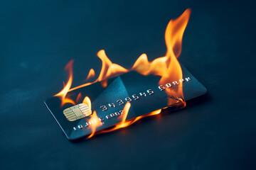 Burning credit card. Closed bank account, refusal of digital money. Inaccessible funds and assets. Bankruptcy, financial crisis, capital outflow restrictions, deposit risk, sanctions. - obrazy, fototapety, plakaty