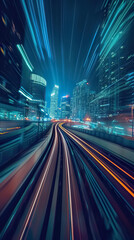 Obraz premium railway train blurred motion perspective, speed and dynamics of big city, urban traffic concept