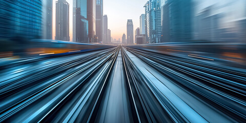 railway train blurred motion perspective, speed and dynamics of big city, urban traffic concept