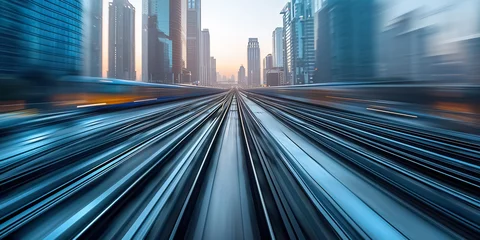 Foto op Aluminium Snelweg bij nacht railway train blurred motion perspective, speed and dynamics of big city, urban traffic concept