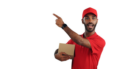 Surprised man, portrait and pointing with box for delivery, advertising or marketing on a transparent PNG background. Male person or courier guy with hat in shock for showing deal, service or list