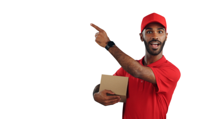 Surprised man, portrait and pointing with box for delivery, advertising or marketing on a transparent PNG background. Male person or courier guy with hat in shock for showing deal, service or list