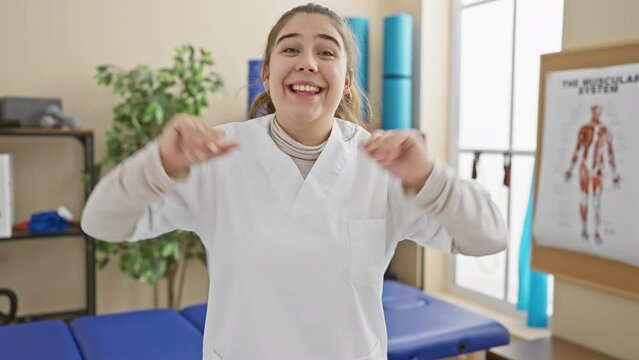 Victorious! young, beautiful hispanic woman, sporting a nurse uniform at the rehab clinic, beams in triumph, celebrating her win with joyous cheering and a confident, winner smile.