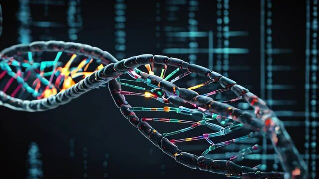 DNA double helix intertwined with digital AI elements, highlighting the role of AI in genetic research and personalized medicine.
