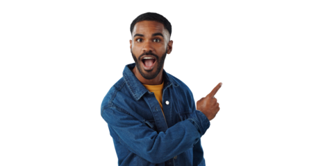 Black man, surprise and portrait with hand pointing with shock from advertisement and news. Wow and male person with modern fashion and clothes with info isolated on a transparent, png background