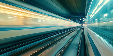 railway train blurred motion perspective, speed and dynamics of big city, urban traffic concept
