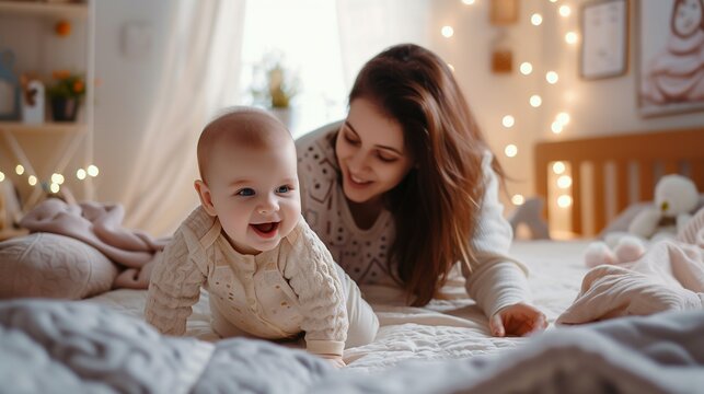 Happy mother and baby on the bed in the morning in the bedroom. AI.