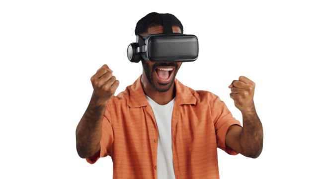 African man, virtual reality glasses and celebration for game, ui and isolated by transparent png background. Person, AR goggles and cheers with 3D user experience in futuristic metaverse with fist