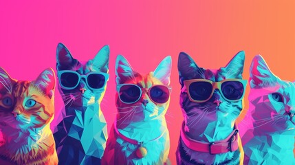 Group of cats in sunglasses on colorful neon background - obrazy, fototapety, plakaty