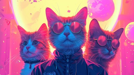 Two cats with sunglasses and one without, in the background of the night city