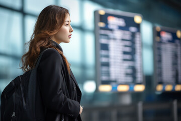 Young woman at the airport, woman checking departure board in airport, happy young traveller woman...
