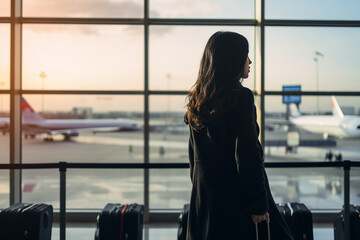 Young woman at the airport, woman checking departure board in airport, happy young traveller woman at airport look at flight schedule