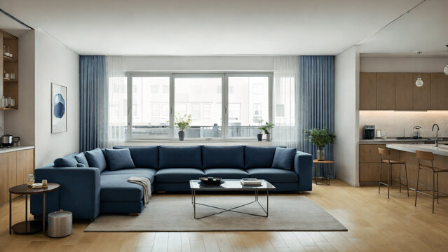 Interior of a blue modern cozy living room with kitchen. Living room with sofa, coffee table and interior items