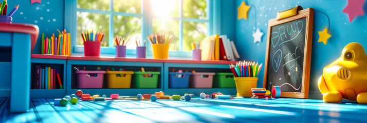 Colorful learning, a preschool classroom filled with toys and colorful furniture, ready for playful...